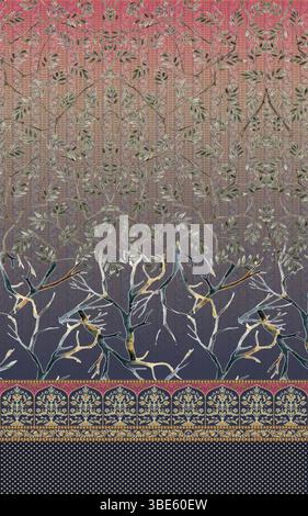 Elegantes Textil-Design mit Blumenmuster und Baumzweigen in Ombre mit verziertem Rand Stock Vektor
