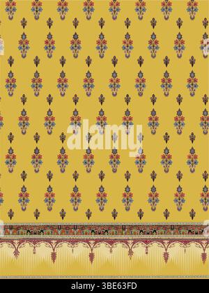 Senfgelber Stoff mit sich wiederholenden Blumen- und geometrischen Mustern Stock Vektor