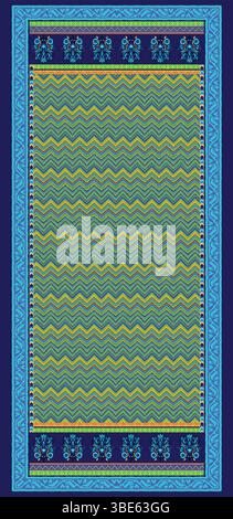 Lebendiges Textildesign mit Chevron-Muster, blauer Rand und Blumenakzenten Stock Vektor