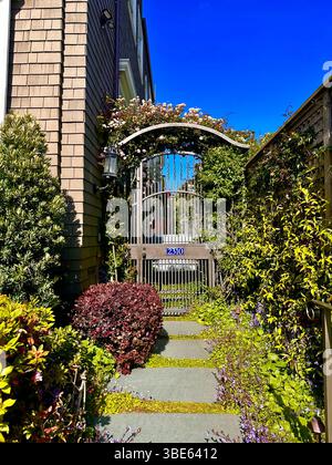 Häuser In San Francisco Kalifornien Viktorianisch Verzierte Doppeltür Mansion Iron Fence Garden Trees Bush Vines Dollhouse Holz Stockfoto