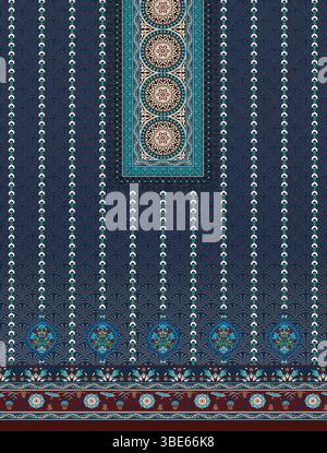 Elegantes Textildesign in Blau und Blau mit komplizierten Mandala- und Blumenmustern Stock Vektor