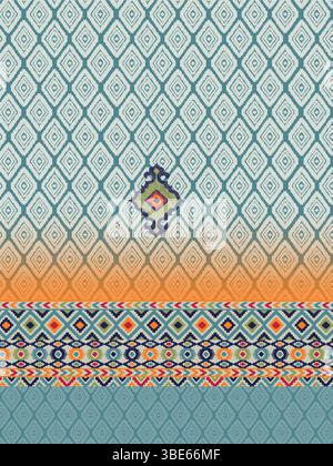 Geometrisches Textildesign mit Farbverlauf in Blau und Orange und Ethno-Muster Stock Vektor