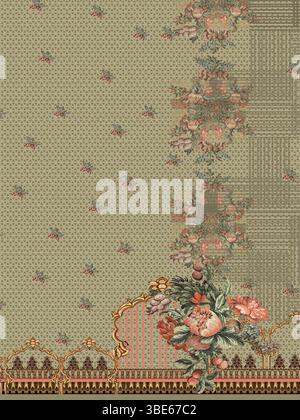 Elegantes florales Textildesign mit verziertem Rand und zartem Muster Stock Vektor