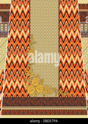 Elegantes Textildesign mit Chevron-Mustern und floralen Verzierungen Stock Vektor