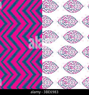 Leuchtendes, rosafarbenes und blaues Chevron- und Damastmuster, nahtlos wiederholtes Textildesign Stock Vektor