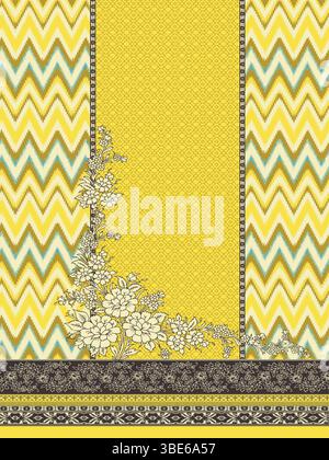 Elegantes gelbes Blumenmuster und Chevron-Textildesign für Kleid oder Stoff Stock Vektor