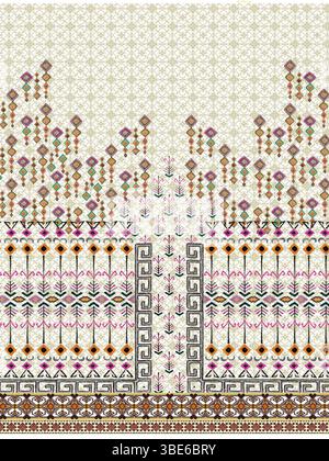 Elegantes beigefarbenes und mehrfarbiges geometrisches Textildesign mit griechischem Schlüsselrand Stock Vektor