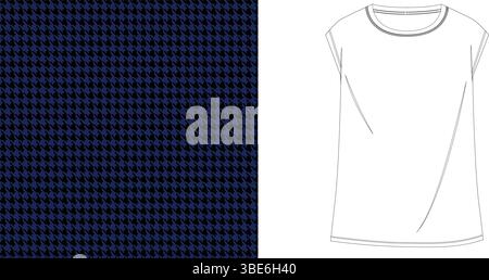 Marineblaues und schwarzes Hahnentrittmuster für Damen-T-Shirt Stock Vektor