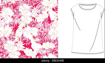 Weißes Blumen- und tropisches Blattmuster auf rosafarbenem Hintergrund für Damen mit lässigem T-Shirt-Design Stock Vektor
