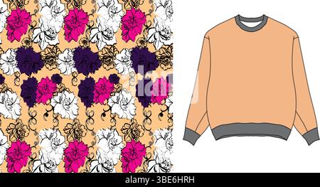 Sweatshirt mit Blumenmuster und pfirsichfarbenem Hintergrund und dunkelrosa lila weißen Rosen Stock Vektor