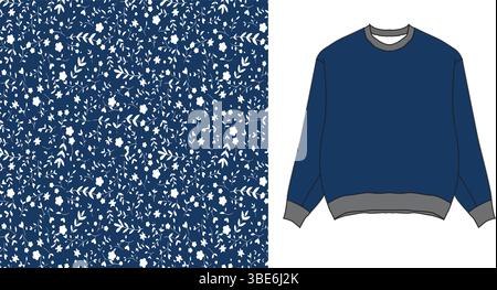 Marineblaues Sweatshirt mit zartem weißem Blumenmuster Stock Vektor