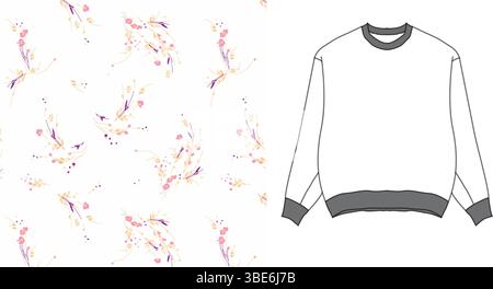 Design mit Blumenmuster und Wasserfarben für ein Sweatshirt mit Rundhalsausschnitt Stock Vektor