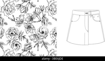 Denim-Minirock mit Blumenmuster und technischer, flacher Skizze Stock Vektor