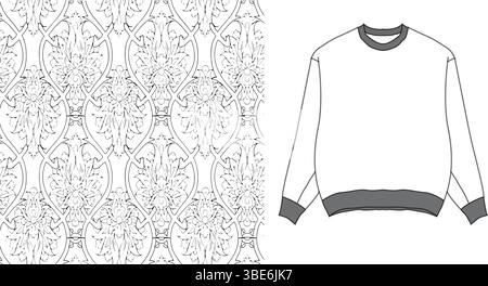 Weißes Sweatshirt mit Rundhalsausschnitt und nahtloser Wiederholung mit kompliziertem Herzmuster Stock Vektor