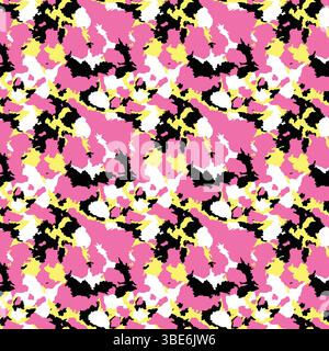 Abstraktes, rosa, schwarz, gelb, weißes Camouflage-Muster, nahtloses, wiederholtes Textildesign Stock Vektor