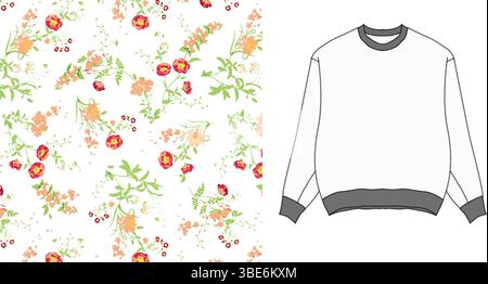 Sweatshirt mit Blumenmuster und weißem Rundhalsausschnitt mit zartem orangenem und rotem Blumenmuster Stock Vektor