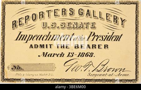 Johnson Impeachment Pressegalerie Ticket 13. März 1868 (1). Stockfoto