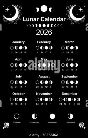 Mondkalender 2026 und Mondphasen. Mondphasen Zeitplan und Zyklen, Postervorlage Design druckbar in Schwarz-weiß Farbe, wiccan Stil Vektor Stock Vektor