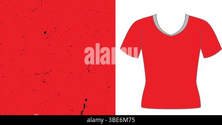 Rotes T-Shirt mit V-Ausschnitt und geflecktem Strukturmaterial Stock Vektor