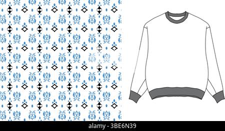 Sweatshirt mit geometrischem Muster und weißem Rundhalsausschnitt mit sich wiederholendem blau-schwarzem Motiv Stock Vektor
