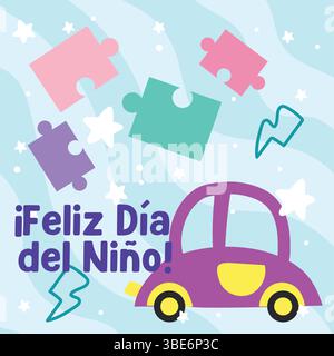 Spielzeugauto mit Puzzleteilen. Vektor Stock Vektor