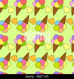 Nahtloses Sommermuster mit niedlicher einfacher, flacher Illustration von bunten Eiswaffelkegeln auf grünem Hintergrund. Für Sommer, Nachtisch, Erfrischungen Stock Vektor