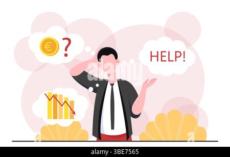 Geschäftsmann bittet um Hilfe. Junger Kerl in der Nähe von goldenen Münzen und fallenden Grafiken. Rezession und Inflation, Wirtschaftskrise. Geschäftsbankrott. Flacher Vektor Stock Vektor