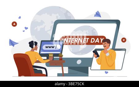 Internet-Tag-Konzept. Mann und Frau kommunizieren online. Internationaler Feiertag und Festival 17. Mai. Drahtlose Verbindung und Kommunikation. Flacher Vektor Stock Vektor