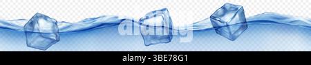 Drei durchscheinende Eiswürfel, die im Wasser mit Wellen schweben, isoliert auf transparentem Hintergrund. Horizontales Banner in blauen Farben. Transparenz nur in V Stock Vektor