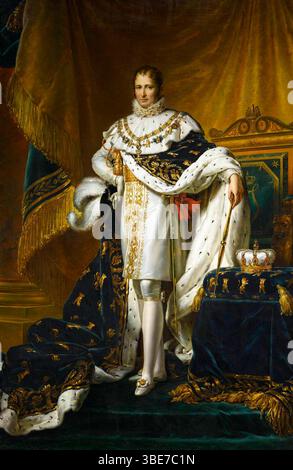 Porträt von Joseph Bonaparte ist ein Porträt des französischen Künstlers Francois Gérard aus dem Jahr 1808. Es zeigt Joseph Bonaparte, der kürzlich zum König von Spanien ernannt wurde, in seinen Krönungsgewändern. Joseph, der ältere Bruder Napoleons, war König von Neapel, bis er auf den spanischen Thron gesetzt wurde, der den Halbinsel-Krieg auslöste. Gérard, ein neoklassizistischer Maler und Schüler von Jacques-Louis David, schuf eine Reihe von Darstellungen der erweiterten Bonaparte-Dynastie. Heute befindet sich das Gemälde in der Sammlung des Palastes von Fontainebleau außerhalb von Paris, das 1981 erworben wurde. Stockfoto