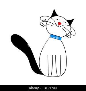 Illustration der sitzenden Katze. Blauer Kragen. Roter Nasenakzent. Vektorzeichnung. Stock Vektor