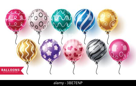 Birthday Ballons Elements Clipart Set. Bunt bedruckte und gemusterte aufblasbare Ballons Clip Art Kollektion für Geburtstag, Jubiläum, Valentinstag Stock Vektor
