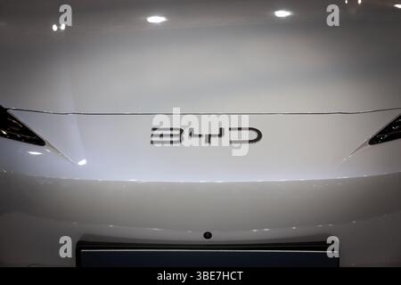 BELGRAD, SERBIEN - 15. MÄRZ 2025: BYD-Logo auf einem Elektroauto des Herstellers in belgrad. BYD ist ein chinesischer Automobilhersteller, der auf Elektroautos spezialisiert ist Stockfoto