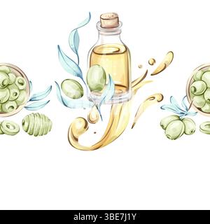 Oliven und Olivenöl, eingerahmt in einer nahtlosen Aquarellillustration, die die Schönheit der Natur und die italienische Küche mit einem Schwerpunkt unterstreicht Stock Vektor