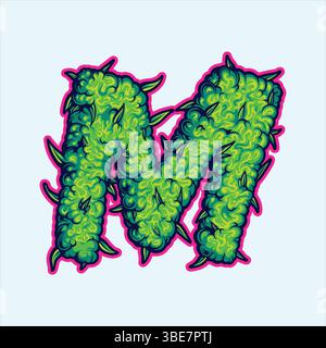 Stilisierter grüner Buchstabe M mit rosa Outline und Cannabis Texture Vektor Illustrationen für Ihr Arbeitslogo, Merchandise T-Shirt, Aufkleber und Etikettendesign Stock Vektor