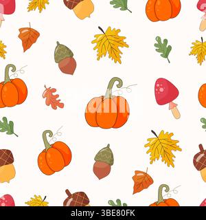 Buntes Herbstmuster zum Herbstmotiv. Kürbisse, Pilze, Blätter, Eicheln. Stock Vektor