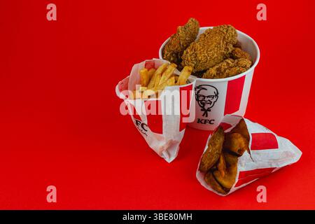 Lviv Ukraine 05.21.25 gebratene Hähnchenstücke und knusprige Pommes frites sind attraktiv in einer Take-out-Box auf einem hellroten Hintergrund angeordnet. Perfekt für einen Stockfoto