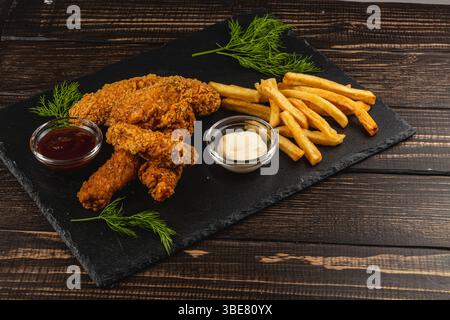 Goldene gebratene Hähnchenstreifen sitzen auf einem schwarzen Servierbrett neben knusprigen Pommes Frites und zwei eintauchenden Saucen und sorgen so für eine einladende und zufriedenstellende Mahlzeit. Stockfoto