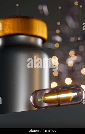 Eine Flasche mit Vitaminpräparat und Kapseln, die mit Bokeh-Lichtern im Hintergrund präsentiert werden. 3D-Rendering Stockfoto