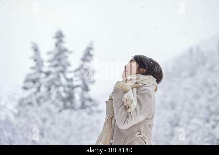 Japanerin, die einen Schal trägt, steht im Winter in einem verschneiten Land Stockfoto