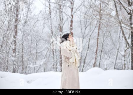 Japanerin, die einen Schal trägt, steht im Winter in einem verschneiten Land Stockfoto