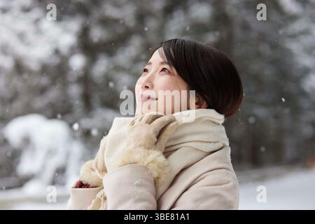 Japanerin, die einen Schal trägt, steht im Winter in einem verschneiten Land Stockfoto