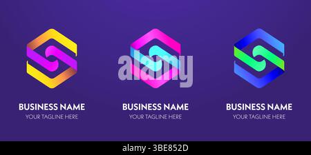 Ein Satz lebendiger sechseckiger Logos mit 3D-Farbverlauf mit dynamischen Formen, geeignet für moderne Marken, Tech-Startups oder Designagenturen. Stock Vektor