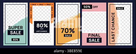 Vorlagen für Verkaufs- und Rabattberichte. Zerklüftete Kanten Texturen, Rahmendesigns, trendige Werbegrenzen, Social-Media-Apps, transparente Ebenen, vertikal Stock Vektor