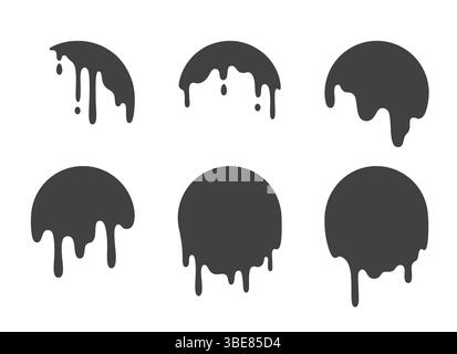 Set aus Tropf- und Flüssigkeitstropfen in schwarzer Farbe. Abstrakte Blob- und Splatter-Silhouetten. Fließende Kreiselemente schmelzen. Einfache flache Vektorsymbole entwerfen Elemente, die auf weißem Hintergrund isoliert sind. Stock Vektor