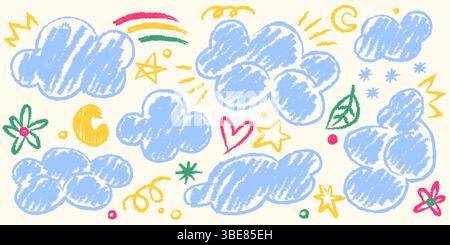 Wolken mit Regenbogen und Sternen, Herzen und Blumen Illustration. Kindliche Zeichnung in Pastellfarben auf hellem Hintergrund. Niedliches dekoratives Element für Kinderzimmer, Babydusche. Stock Vektor