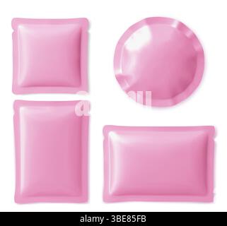 Set aus leeren, rosafarbenen Folienbeuteln und Beutelbeuteln in verschiedenen Formen - quadratisch, rund und rechteckig. Hochglanz-metallische Kunststoffverpackungen für Kosmetik, Gesichtsmaske oder Lebensmittel. 3D-Paketmodelle. Stock Vektor