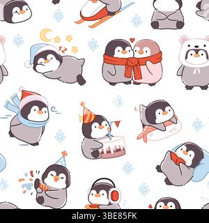 Nahtloses Kawaii-Pinguin-Muster. Lustige Charaktere, süßes Nordmaskottchen, immer wieder flauschiger Vogel, verschiedene Aktionen. Textilien für Kinder, Geschenkpapier Stock Vektor
