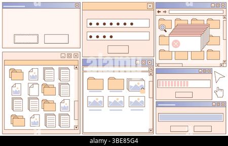 Retro-Benutzeroberflächenkit mit verschiedenen Fenstern und Bedienfeldern, Ordnern und Schaltflächen sowie Symbolen in Pastellfarben. Vintage-Designelemente für Software-Modelle der 90er Jahre. Nostalgische Desktop-GUI-Komponenten der alten Schule. Stock Vektor