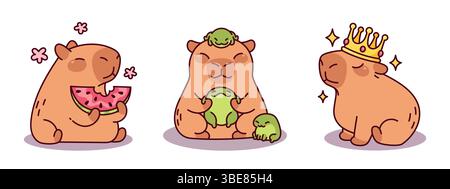 Niedliche Capybara-Charaktere im Cartoon-Stil - Wassermelone essen, mit Froschfreund sitzen, Krone tragen. Niedliche braune Nagetiere mit glitzernden Augen und lächelnden Gesichtern. Kawaii Tiermaskottchen Set. Stock Vektor